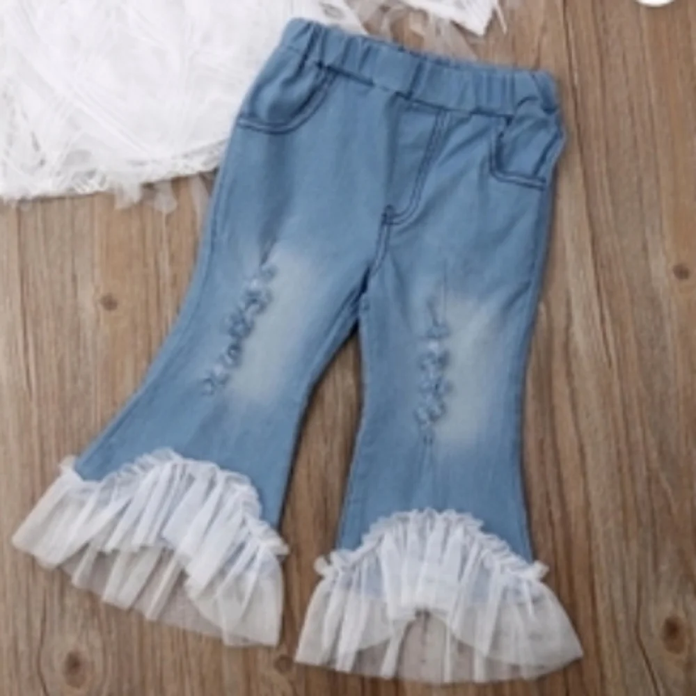 White Lace Off-Shoulder Top & Light Blue Ruffle Hem Jeans Toddler Girls Kids Set